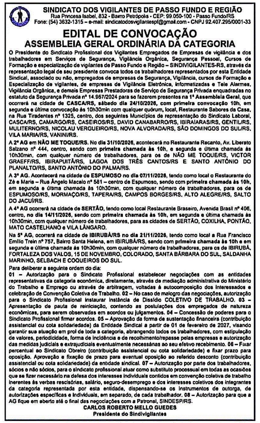 Edital de Convocação Assembleia Geral Ordinária da Categoria