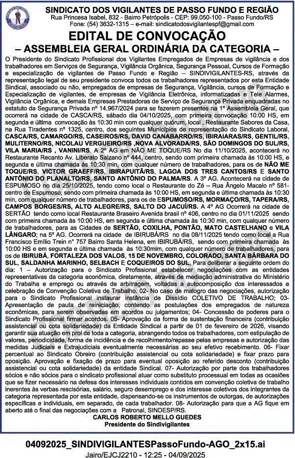 Edital de Convocação - Assembleia Geral Ordinária da Categoria -