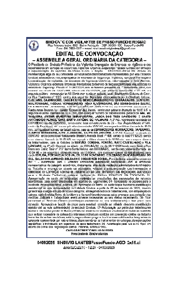 Edital de CONVOCAÇÃO - Assembleia Geral Ordinária da Categoria